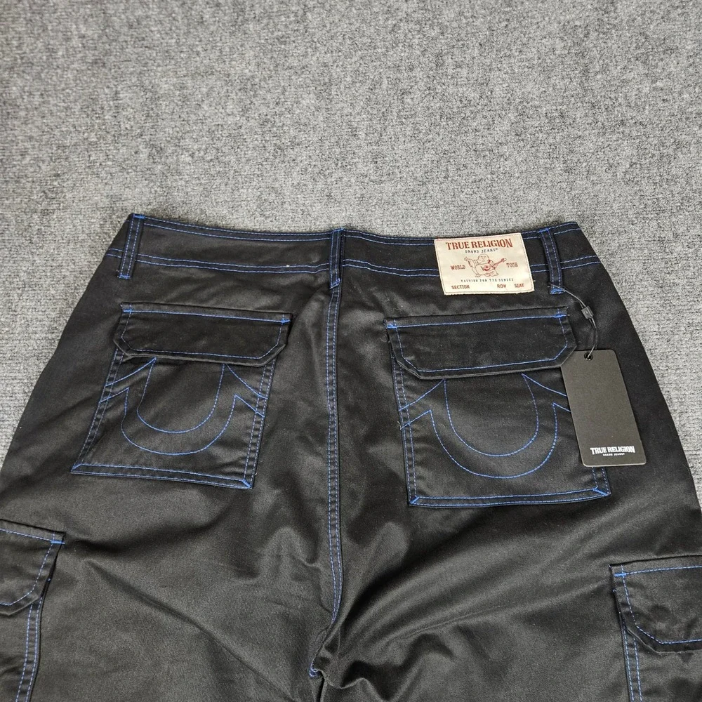 True Religion Mens Jet Black Blue Contrast Stitch Cargo Pants 108335 Size 36 NWT